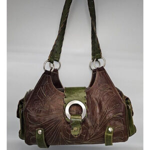 Distressed Leaders In Leather Hand Tooled Shoulderbag Handbag Purse Brown Green